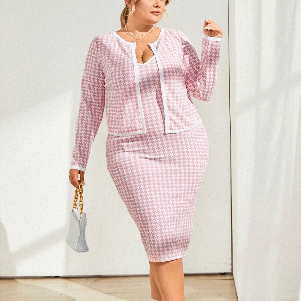 Women's  Houndstooth Print Jacket & Bodycon Dress